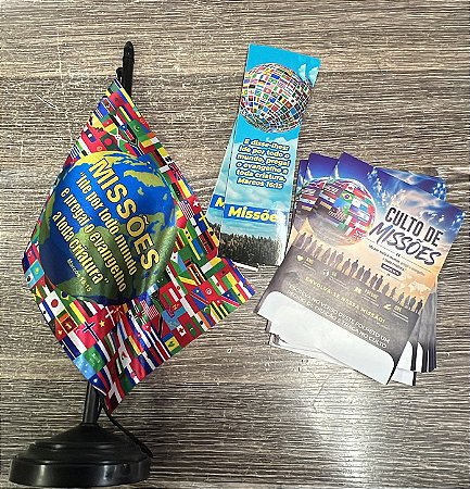 Kit Culto de Missões Igreja 1 - 100 Marcadores + 100 Folhetos + 1 Bandeira de Mesa