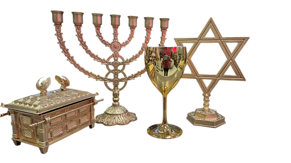 Kit Altar Judaico Messianico: Menorah 25cm, Arca da Aliança 18cm, Estrela de Davi e Taça