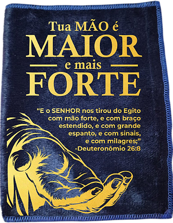 Saquitel de Veludo Mão Forte de Deus - Velboa Azul Marinho e Estampa Dourada
