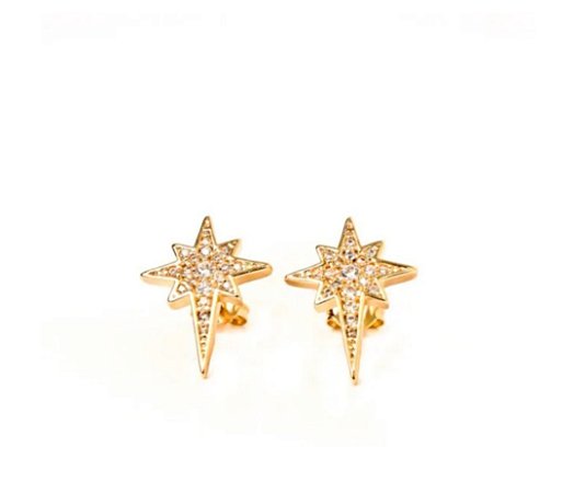 Brincos pino estrela 8 pontas cravejado de zircônias cristal. Banho ouro 18k.