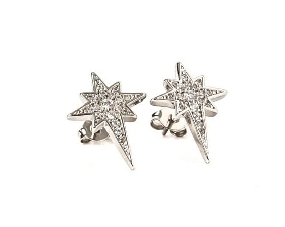 Brincos pino estrela 8 pontas cravejado de zircônias cristal.