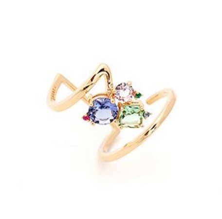 Anel aberto com cristais london blue, tanzanita, ametista verde.  Banho 18k.