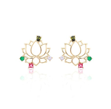Brincos pino flor de lotus G cravejada com cristais esmeralda, turmalina rosa, peridoto.