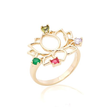 Anel flor de lotus cravejada com cristais esmeralda, turmalina rosa, peridoto.