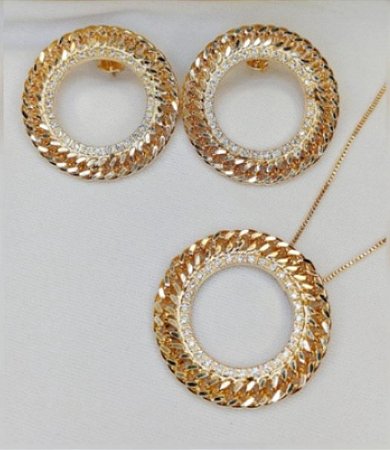 Conjunto brincos e colar corrente circulares cravejados com zircônias cristal