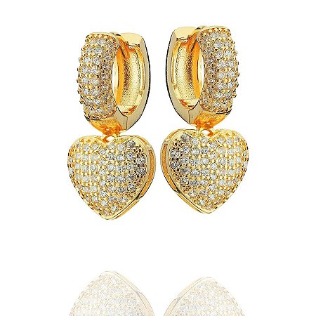 Brincos argola pingente corações cravejados com zircônias cristal