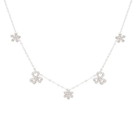 Colar com pingentes de flores cravejadas de zircônias cristal prata 925