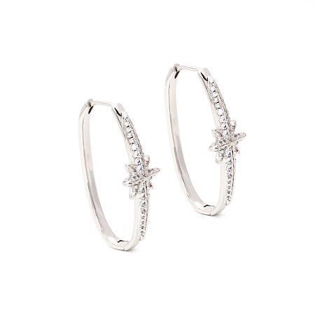 Brincos argola oval estrela cravejado zircônias cristal