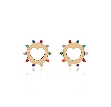 Brincos pino corações vazados com zircônias color nas laterais