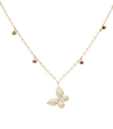 Colar pingente borboleta cravejado zircônias rubi