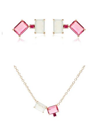 Conjunto brincos e colar escapulário dois cristais e zircônia color rubi