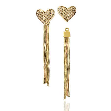 Brincos ear jacket com coração cravejado zircônias cristal e franjas