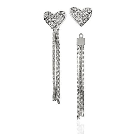 Brincos ear jacket com coração cravejado zircônias cristal e franjas