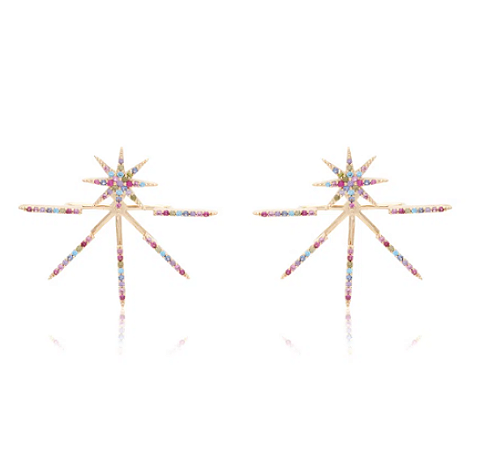 Brincos ear jacket de estrela 8 pontas cravejadas com zircônias color