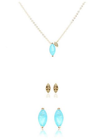Conjunto de colar e kit de brincos navete fusion calcedonia e zirconias esmeralda