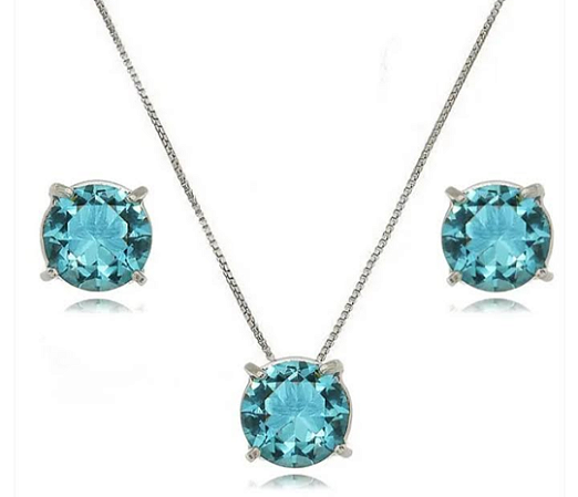 Conjunto colar e brincos com cristais gotas redondas azuis