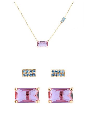 Conjunto de colar e kit de brincos retângulos ametista e zirconias turquesa