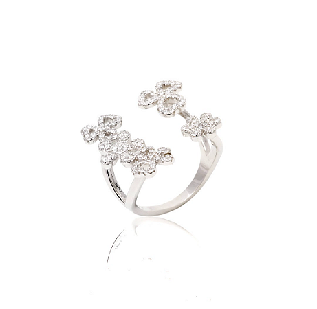 Anel aberto flores vazadas cravejadas com zircônias cristal, prata 925