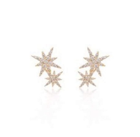 Brincos ear cuff com duas estrelas cravejadas com zircônias cristal