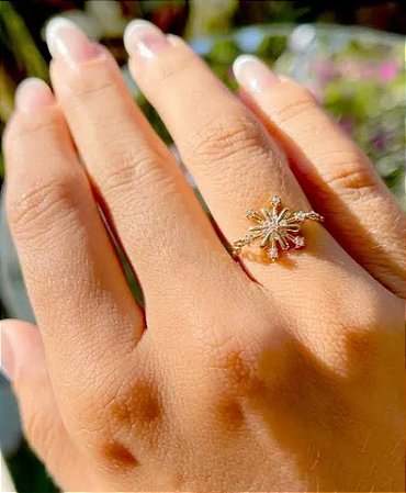 Anel falange corrente flor cravejada com zircônias cristal