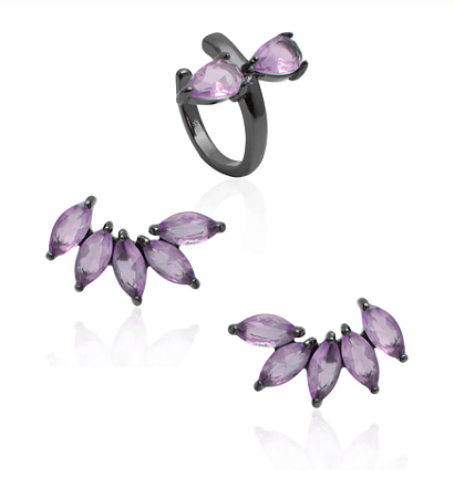 Brincos ear cuff com zircônias ametista e piercing