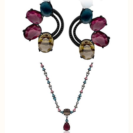 Conjunto colar gargantilha e brincos pino com zircônias color