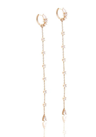 Brincos argolinha e corrente longa removível cravejada com zircônias cristal