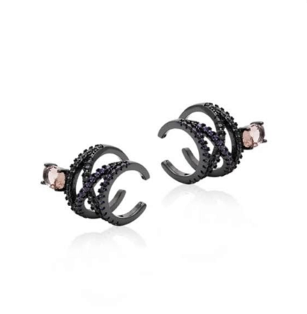 Brincos ear hook cravejados com zircônias ametista violeta e esmeralda e cristal morganita fontal