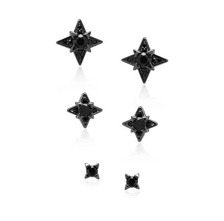Brincos pino kit trio de estrelas com zircônias negras