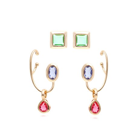 Brincos ear cuff com pingente gota turmalina rosa removível e 2 pares de brincos pino cristais london blue oval e ametista verde quadrado