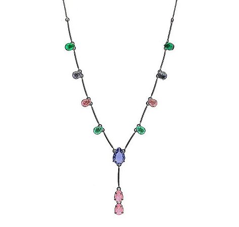 Colar gravatinha com pingentes cristais color e duas gotas cristal ametista