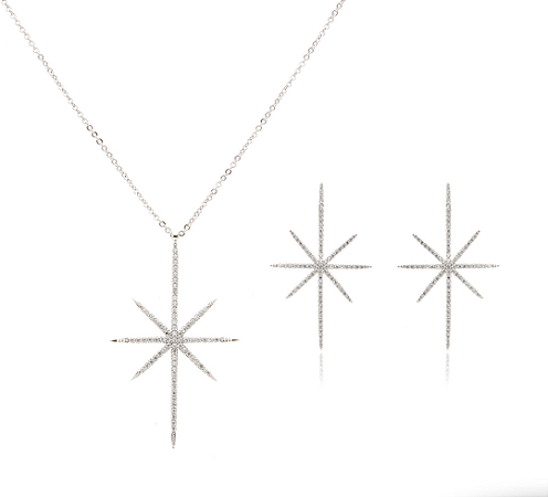 Conjunto colar e brincos pino estrelas 8 pontas cravejadas com zircônias cristal