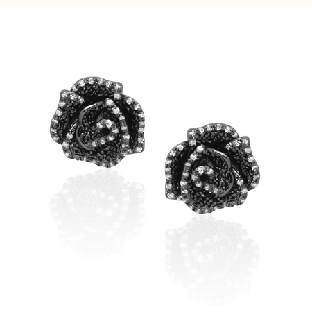 Brincos pino flor cravejados com zircônias negra e cristal