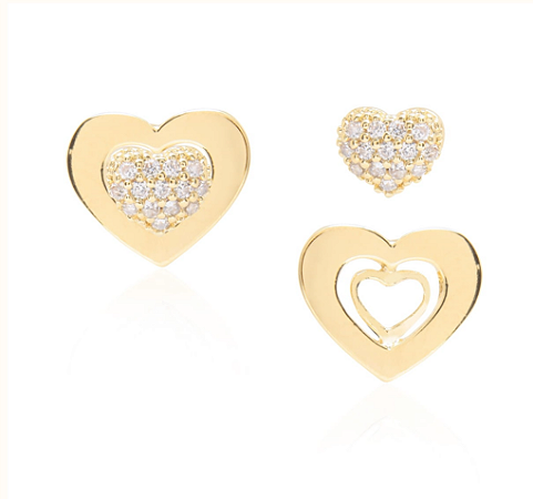 Brincos pino dois em um com coraçãozinho PPP cravejado com zircônias cristal