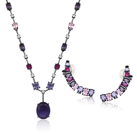 Conjunto colar gargantilha e brincos ear cuff com cristais color