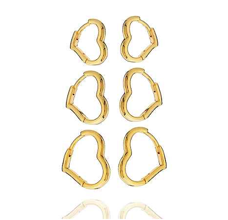 Brincos argolinhas coração vazado kit trio P, M e G, lisas