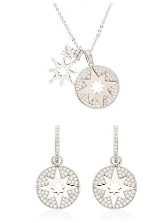 Conjunto colar e brincos argolinhas pingentes medalhas removíveis estrelas cravejadas com zircônias cristal