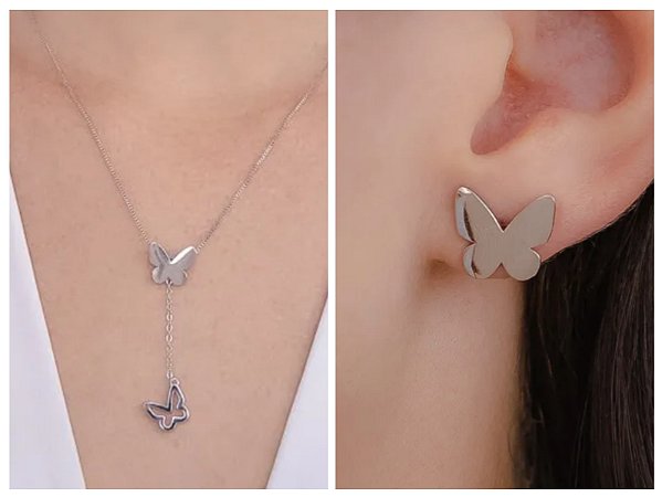 Conjunto brincos pino borboleta e colar gravatinha com borboletas lisa e vazada cravejada com zircônias cristal