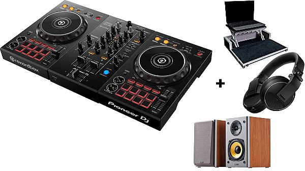 KIT DJ Controlador Pioneer DDJ 400 + Fone Pioneer HDJ X5 Preto + Monitor de Áudio Edifier R1000T4 Madeira + Case Com Plataforma