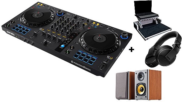 KIT DJ Controlador Pioneer 4 Canais DDJ FLX6 + Fone Pioneer HDJ X5 Preto + Monitor de Áudio Edifier R1000T4 Madeira + Case Com Plataforma