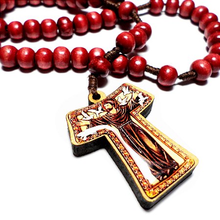 Terço Tau c/ Imagem de São Francisco Madeira 8mm Vermelha