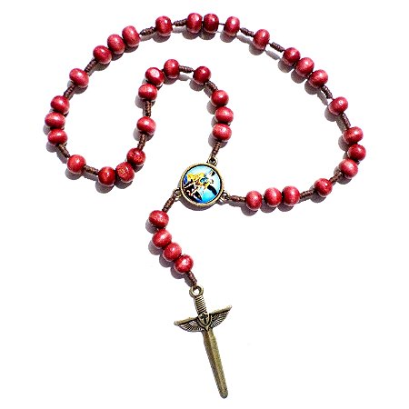 Terço Coroa Angélica de São Miguel Arcanjo Madeira Vermelha 8mm