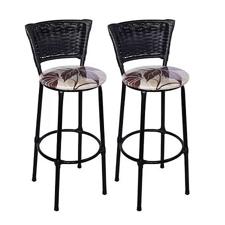 Banquetas Alta Bistro Tubo Preto Junco Preto Floral Marrom