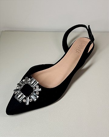 SAPATILHA SLINGBACK BICO FINO ENFEITE CRISTAIS CAMURÇA PRETO - LARA