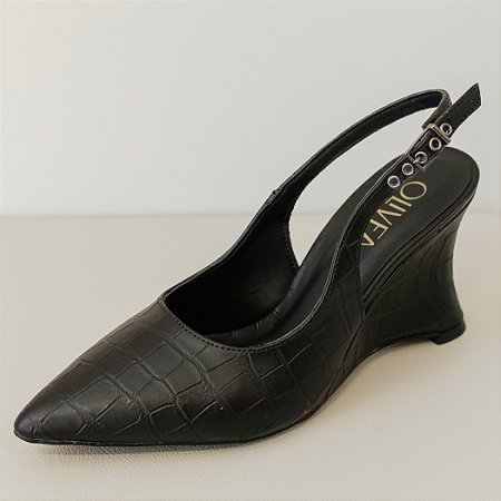 SCARPIN SLINGBACK PRETO CROCO ANABELA - NATI