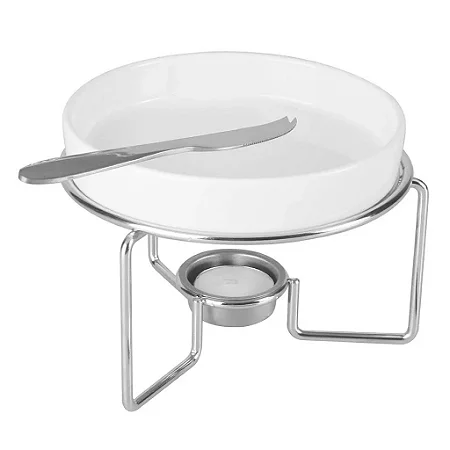 Cj 3 Peças Rechaud Cerâmica Para Queijo Brie Com Faca Aço Inox E Base Niquelada