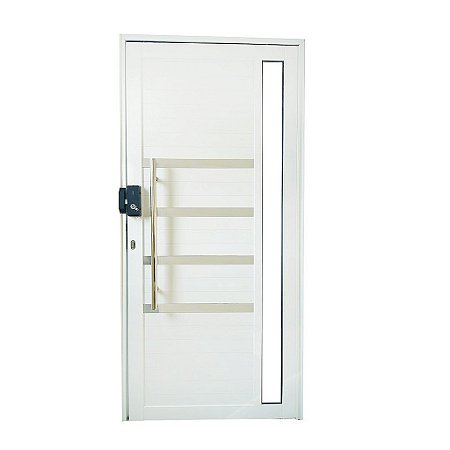 Porta Pivotante de Alumínio Branco Com Puxador, Friso e Visor com Fechadura Digital Linha Roma
