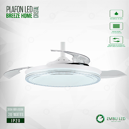 Ventilador De Teto Retratil Com PLAFON LED BREEZE HOME BRANCO CRISTAL