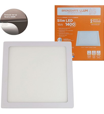 Painel LED Slim Embutir Quadrado 18W 1400 Lumens Branco Neutro 4000K Bivolt 22,5cm LLUM Bronzearte