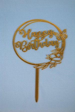 Topo de Bolo Pequeno Happy Birthday Dourado Modelo 12
